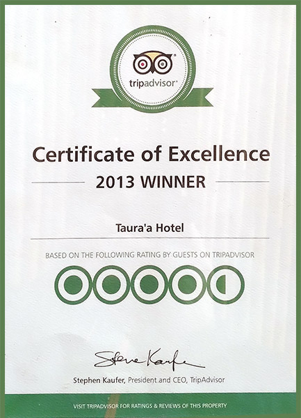Tauraa 2013 winner certificate of excellence tripadvisor